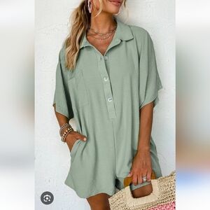 Sage Green Half Button Collared Loose Romper Size Small